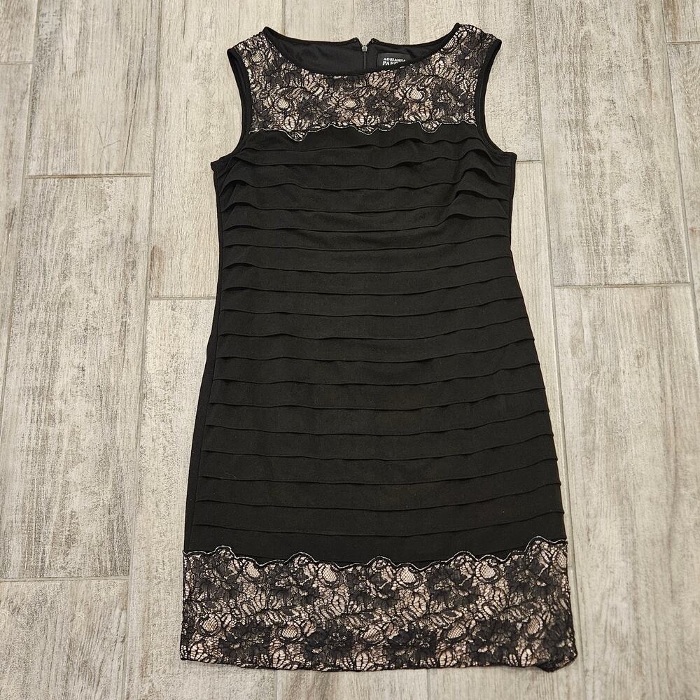 Adrianna Papell Dress Women Size 8 Black Shutter Pleat Lace Trim Boat Neck Lined